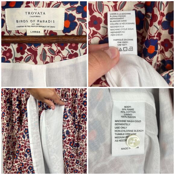 Trovata Birds of Paradis Floral Midi Dress L Ramie Cotton V-Neck Boho Peasant - Picture 6 of 11